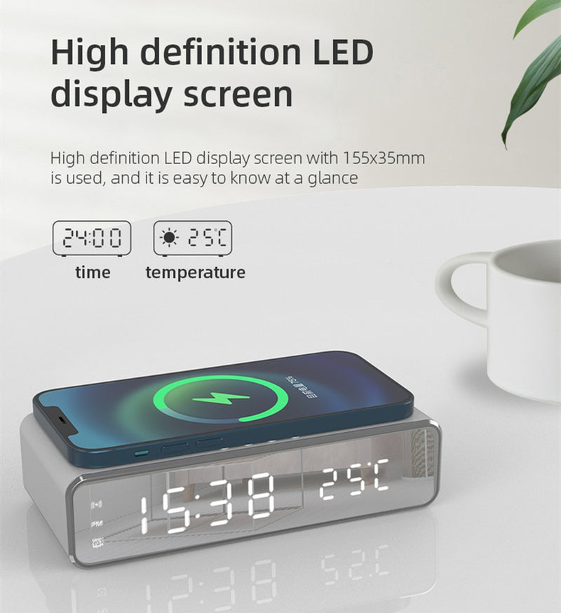 Despertador com led, carregador sem fio para celular, relógio com espelho hd e termômetro digital